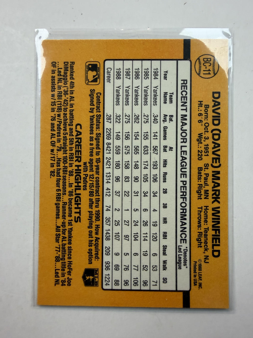 1989 Donruss MVP #BC-11 Dave Winfield New York Yankees