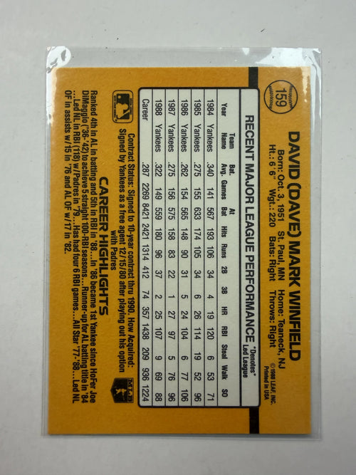Back of Card1989 Donruss #159 Dave Winfield New York Yankees - Polish Kings Auto Detail & Customs