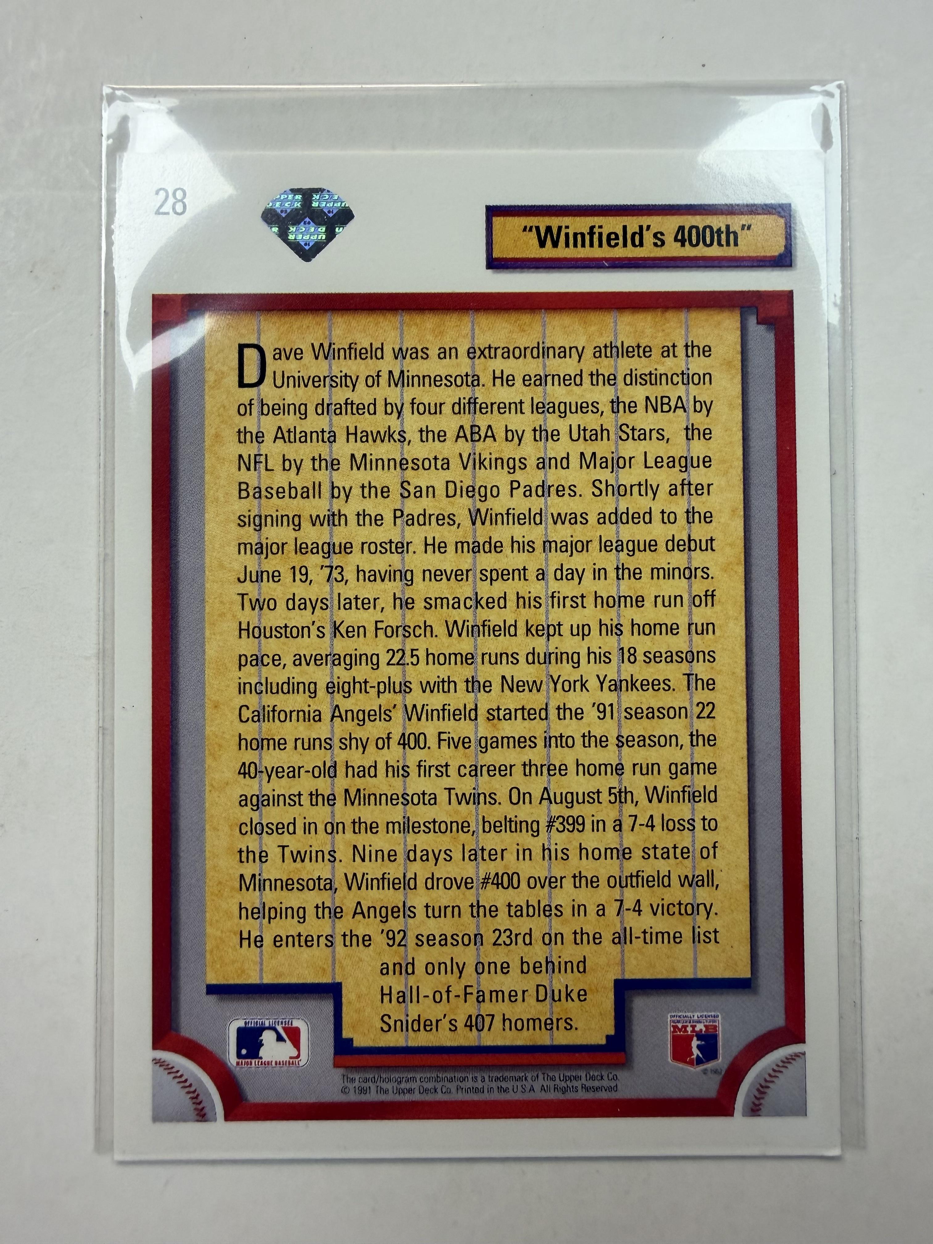 1991 Upper Deck #28 CS 400th HR David Winfield