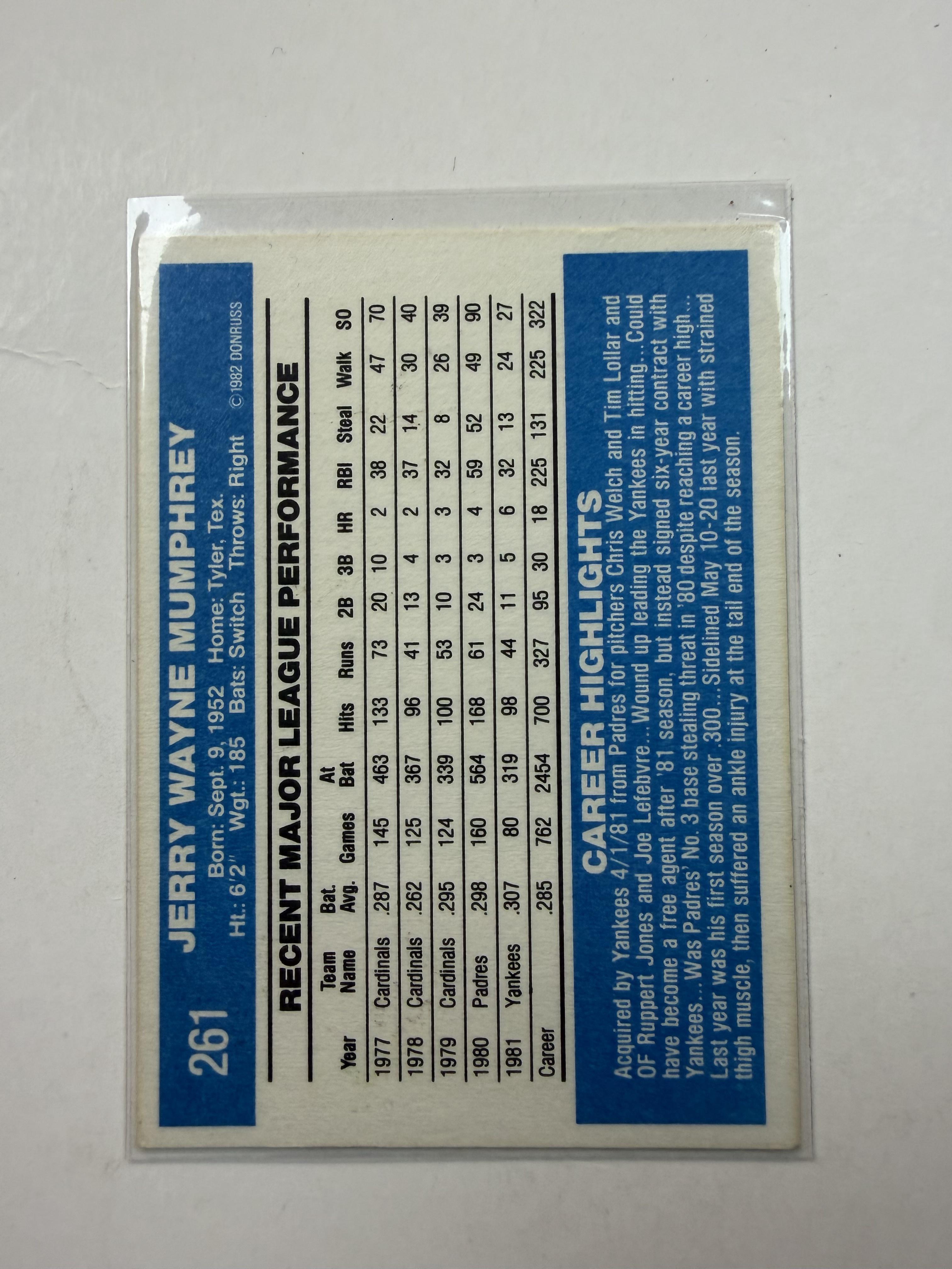 1982 Donruss #261 Jerry Mumphrey New York Yankees