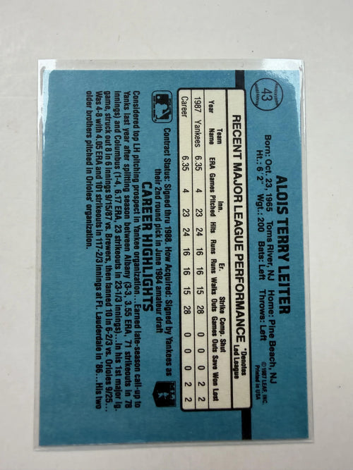 Back Side of Card 1988 Donruss #43 Al Leitter Rookie Card New York Yankees - Polish Kings Auto Detail & Customs