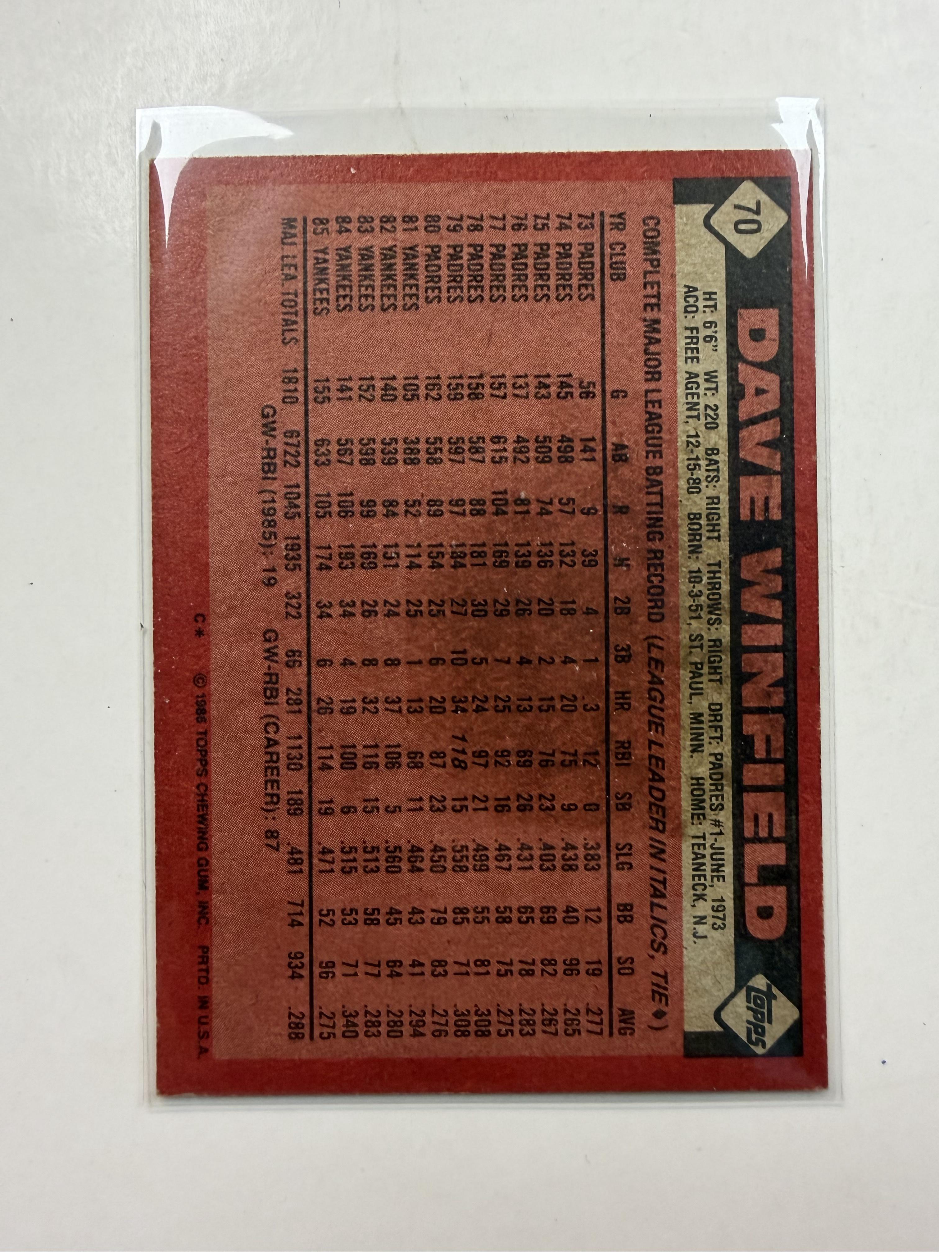 1986 Topps #70 Dave Winfield New York Yankees
