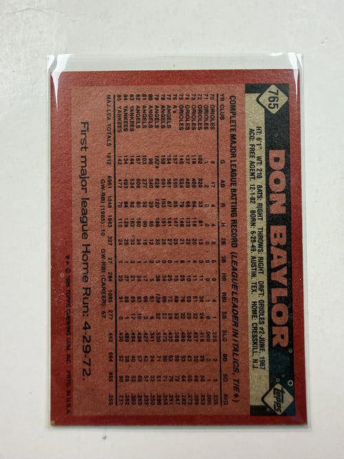 Back of Card1986 Topps #765 Don Baylor New York Yankees - Polish Kings Auto Detail & Customs