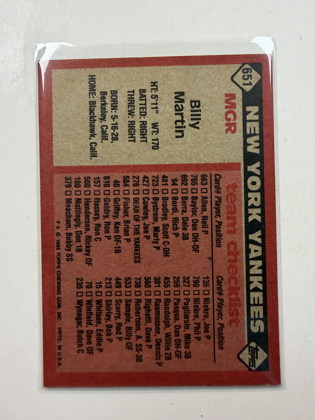 1986 Topps #651 Billy Martin New York Yankees