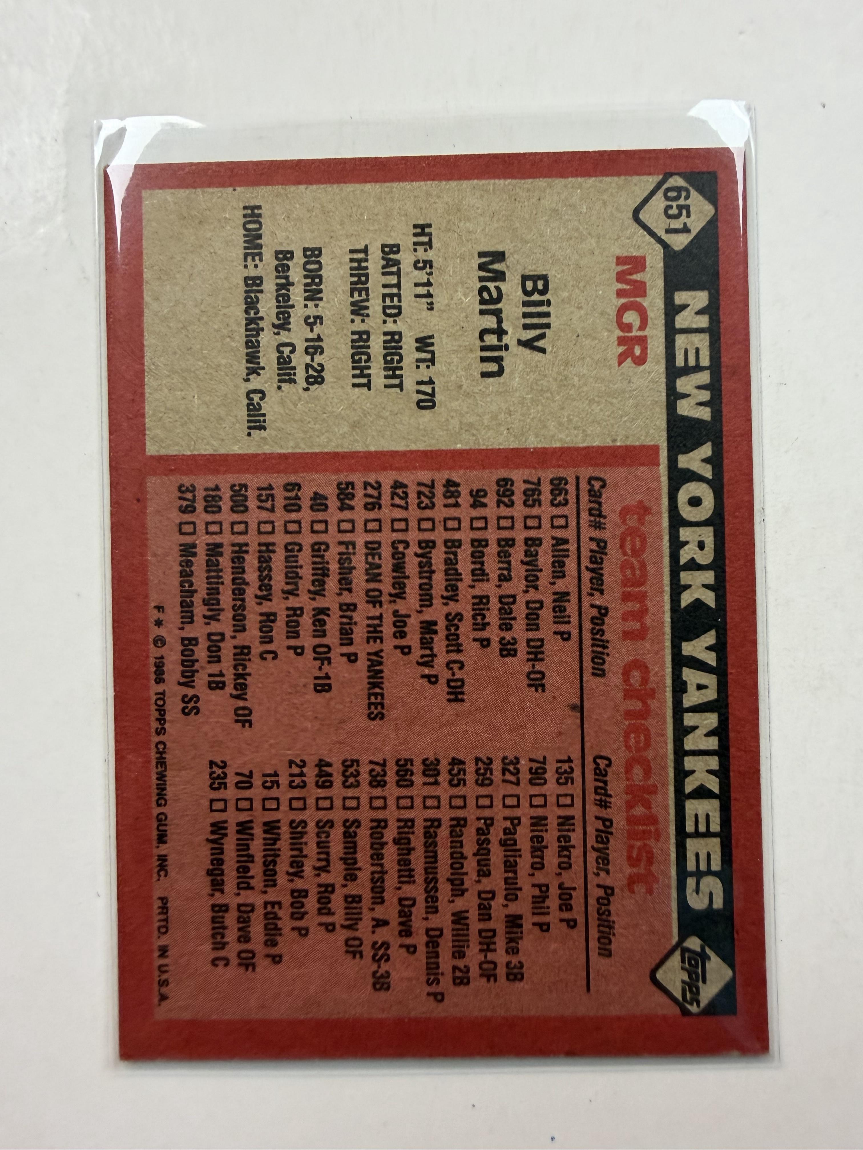 1986 Topps #651 Billy Martin New York Yankees