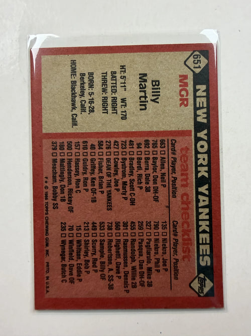 Back of Card1986 Topps #651 Billy Martin New York Yankees - Polish Kings Auto Detail & Customs