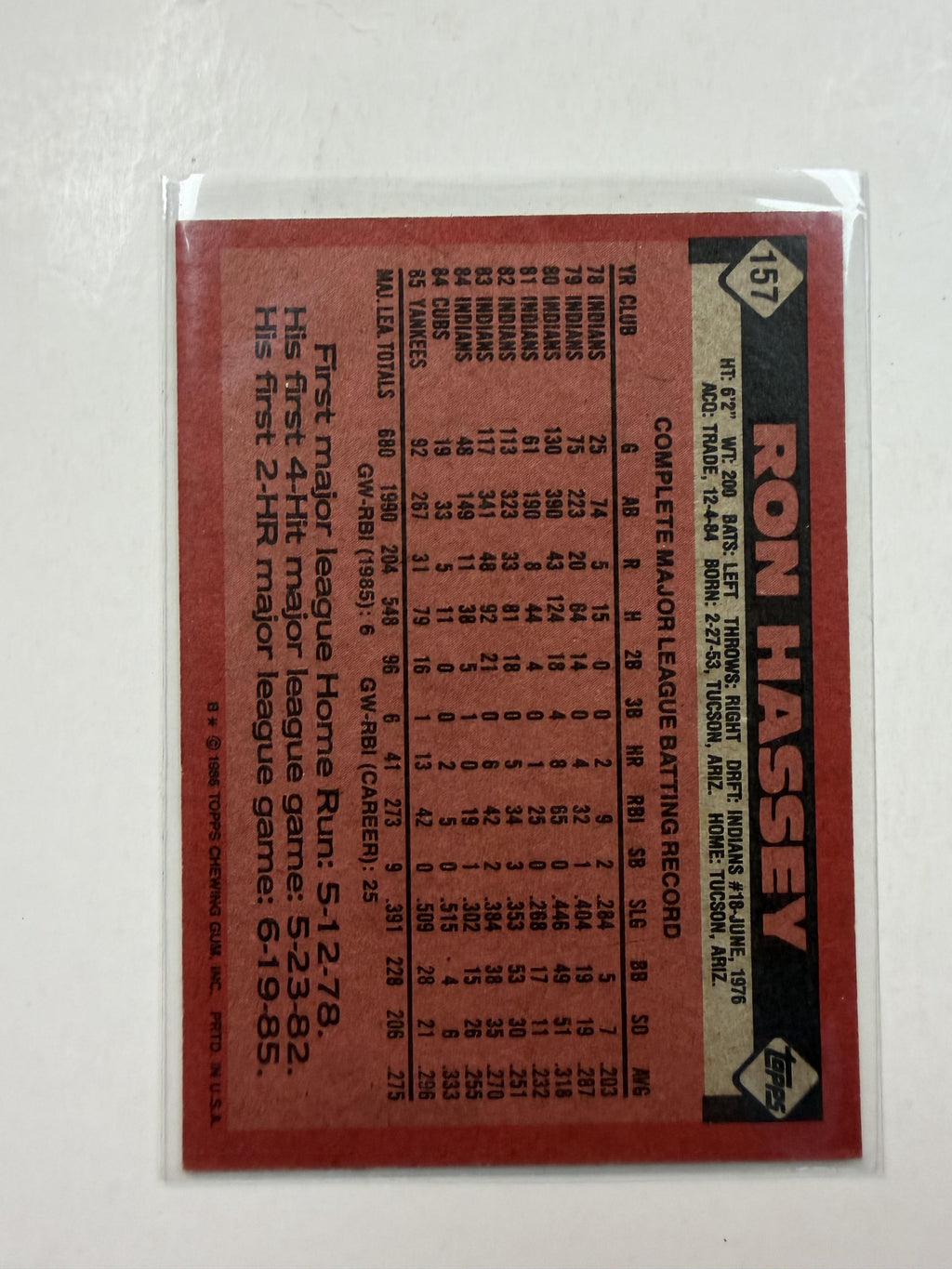 1986 Topps #157 Ron Hassey New York Yankees