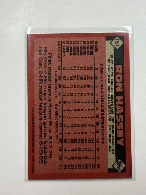 Back of Card1986 Topps #157 Ron Hassey New York Yankees - Polish Kings Auto Detail & Customs