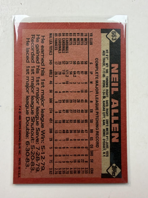 Back of Card1986 Topps #663 Neil Allen New York Yankees - Polish Kings Auto Detail & Customs