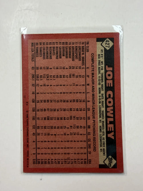 Back of Card1986 Topps #427 Joe Cowley New York Yankees - Polish Kings Auto Detail & Customs
