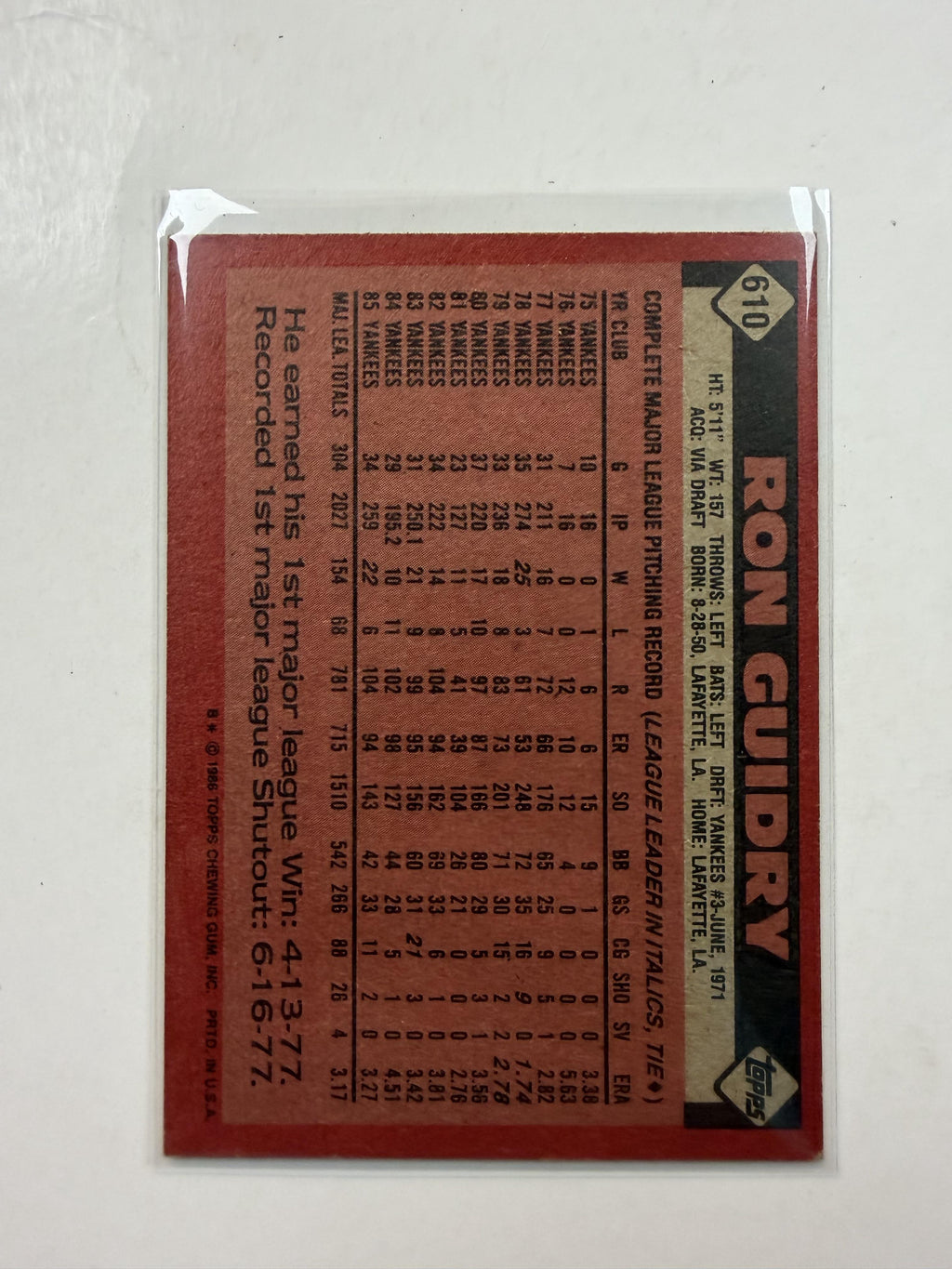 1986 Topps #610 Ron Guidry New York Yankees