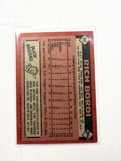 Back of Card1986 Topps #94 Rich Bordi New York Yankees - Polish Kings Auto Detail & Customs