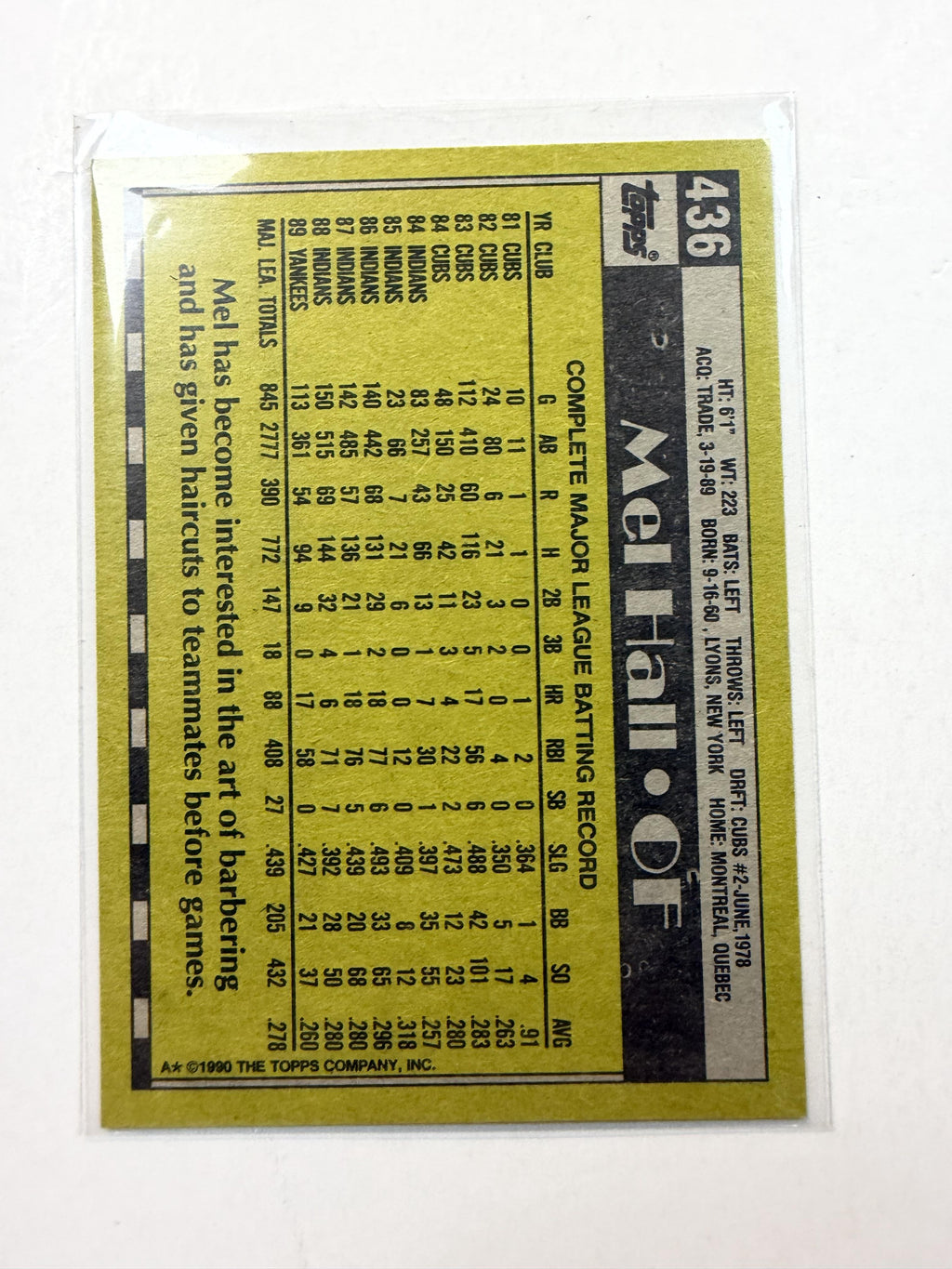 1990 Topps #436 Mel Hall New York Yankees