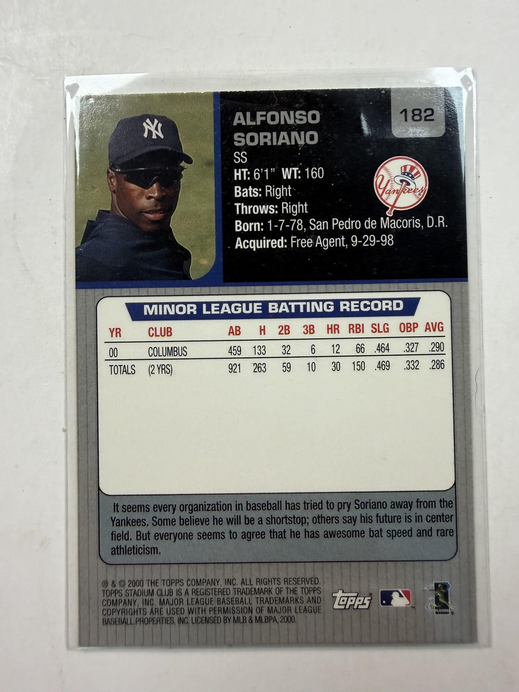 2001 Stadium Club #182 Alfonso Soriano
