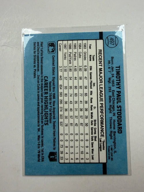 Back of Card1988 Donruss #497 Tim Stoddard New York Yankees - Polish Kings Auto Detail & Customs