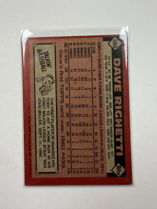 Back of Card1986 Topps #560 Dave Righetti New York Yankees - Polish Kings Auto Detail & Customs