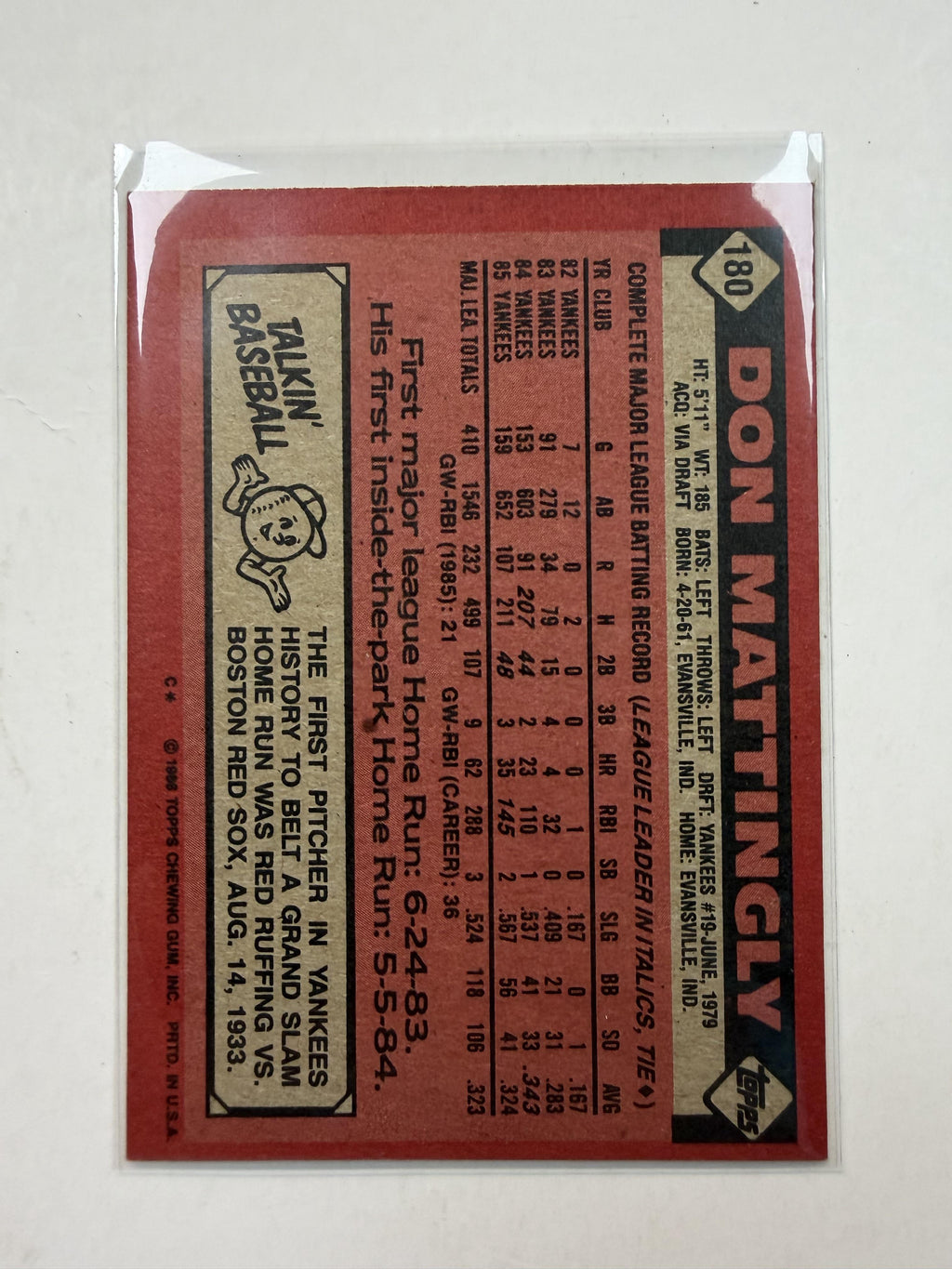 1986 Topps #180 Don Mattingly New York Yankees