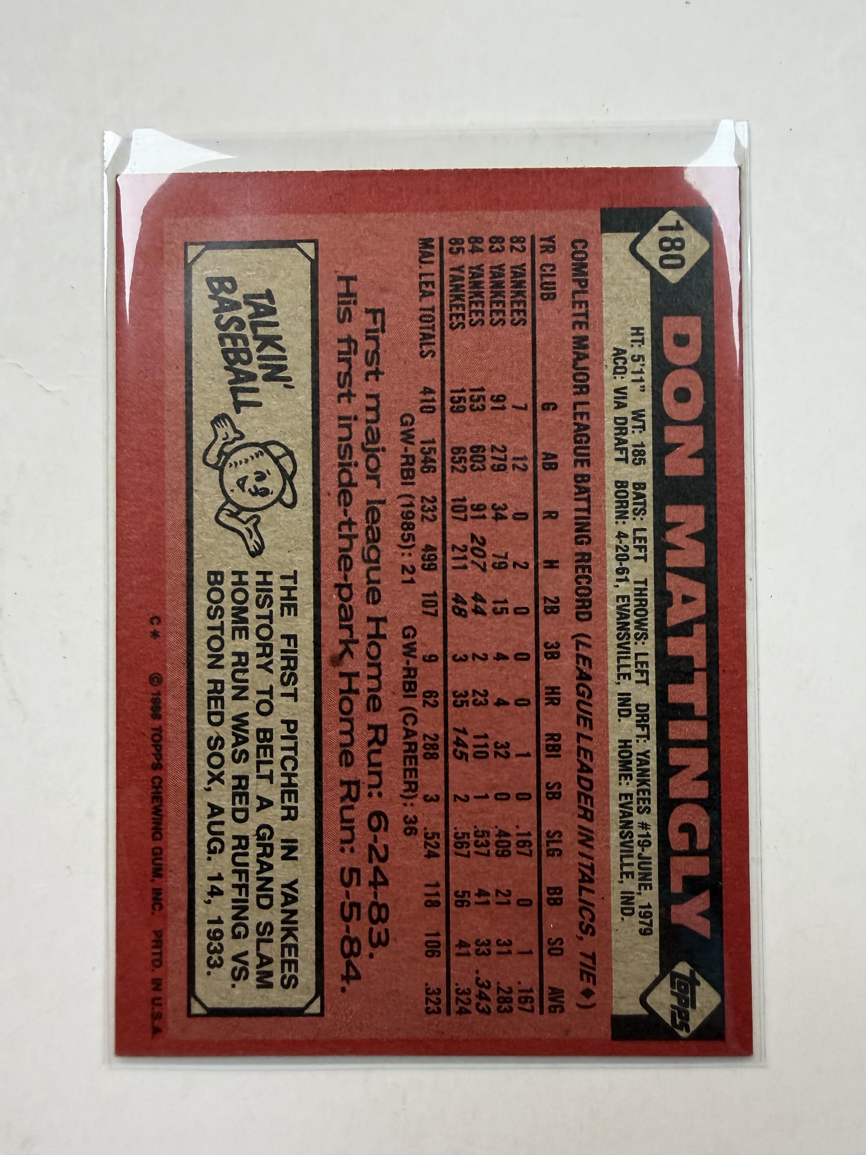 1986 Topps #180 Don Mattingly New York Yankees