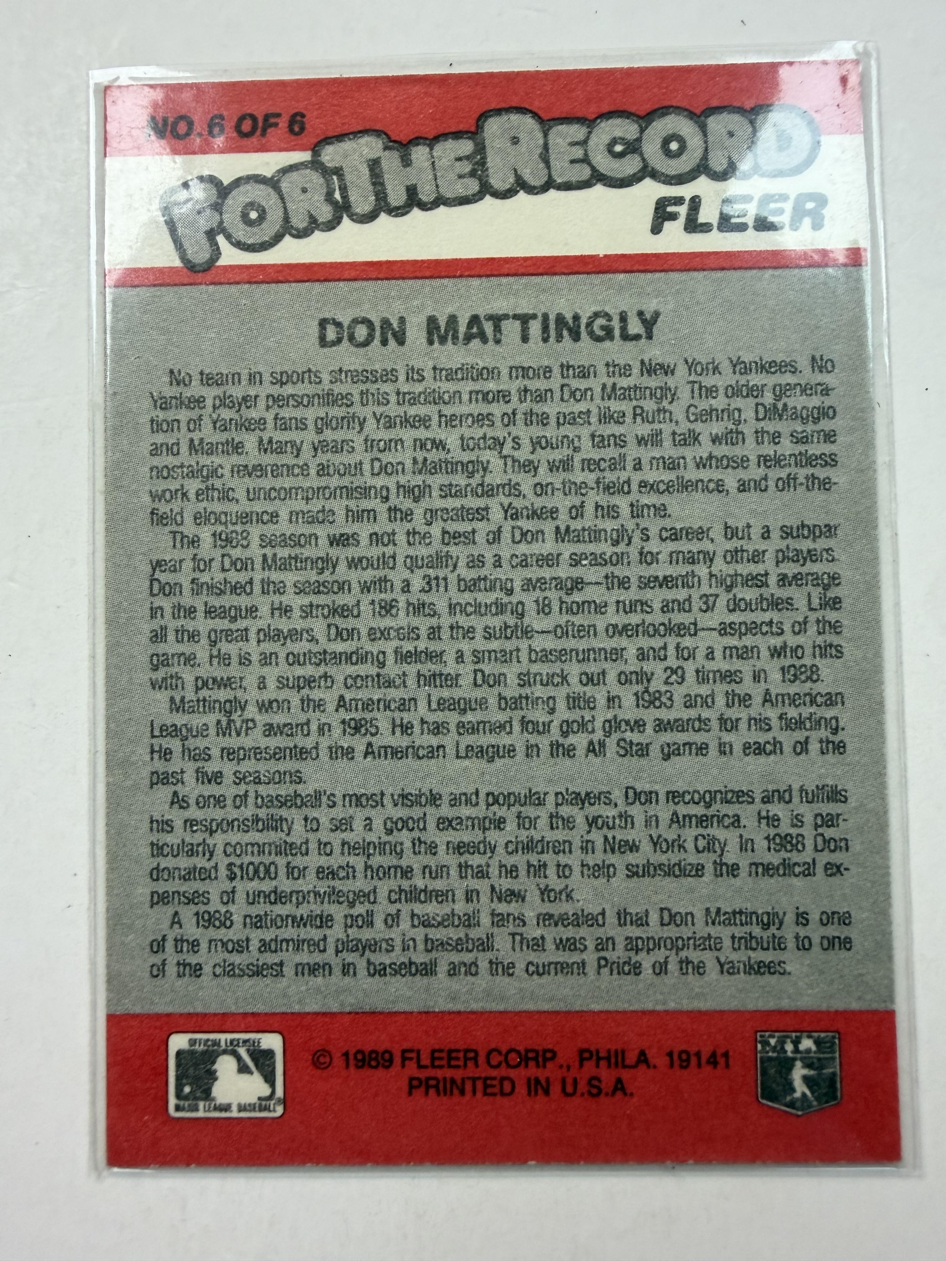 1989 Fleer #6 Don Mattingly For the Record New York Yankees