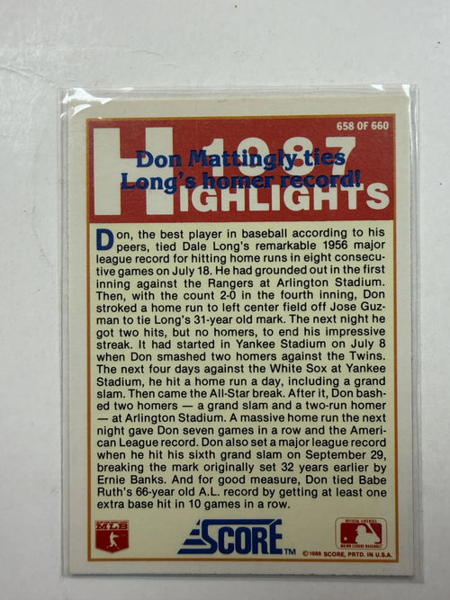 Back of Card1988 Score #658 1987 Highlights Don Mattingly New York Yankees - Polish Kings Auto Detail & Customs