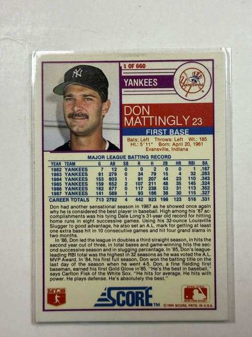 Back of Card1988 Score #1 Don Mattingly New York Yankees - Polish Kings Auto Detail & Customs