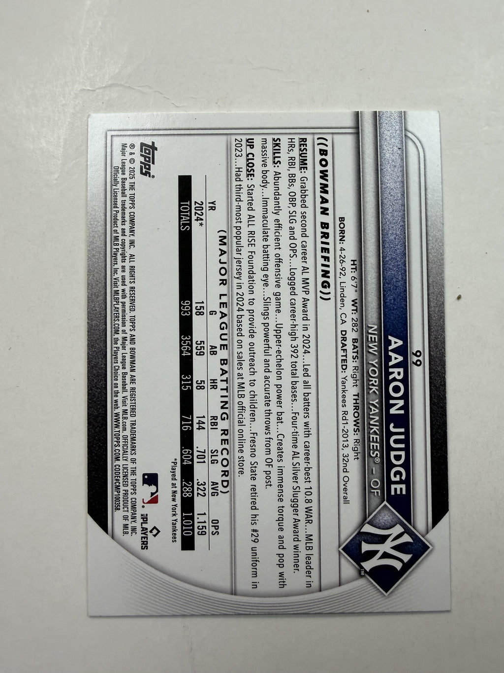 2025 Bowman #99 Aaron Judge New York Yankees