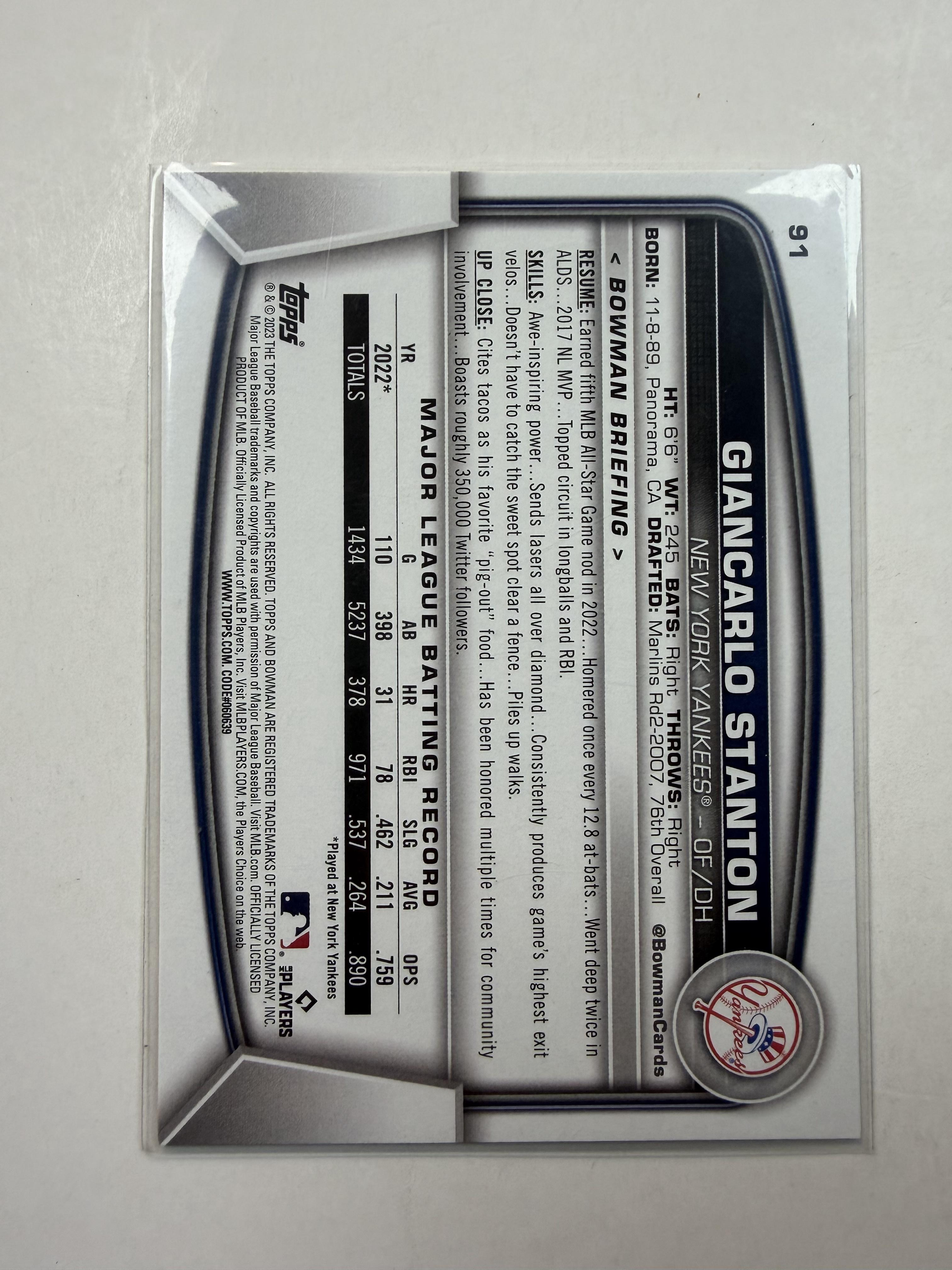 2023 Bowman #91 Giancarlo Stanton New York Yankees