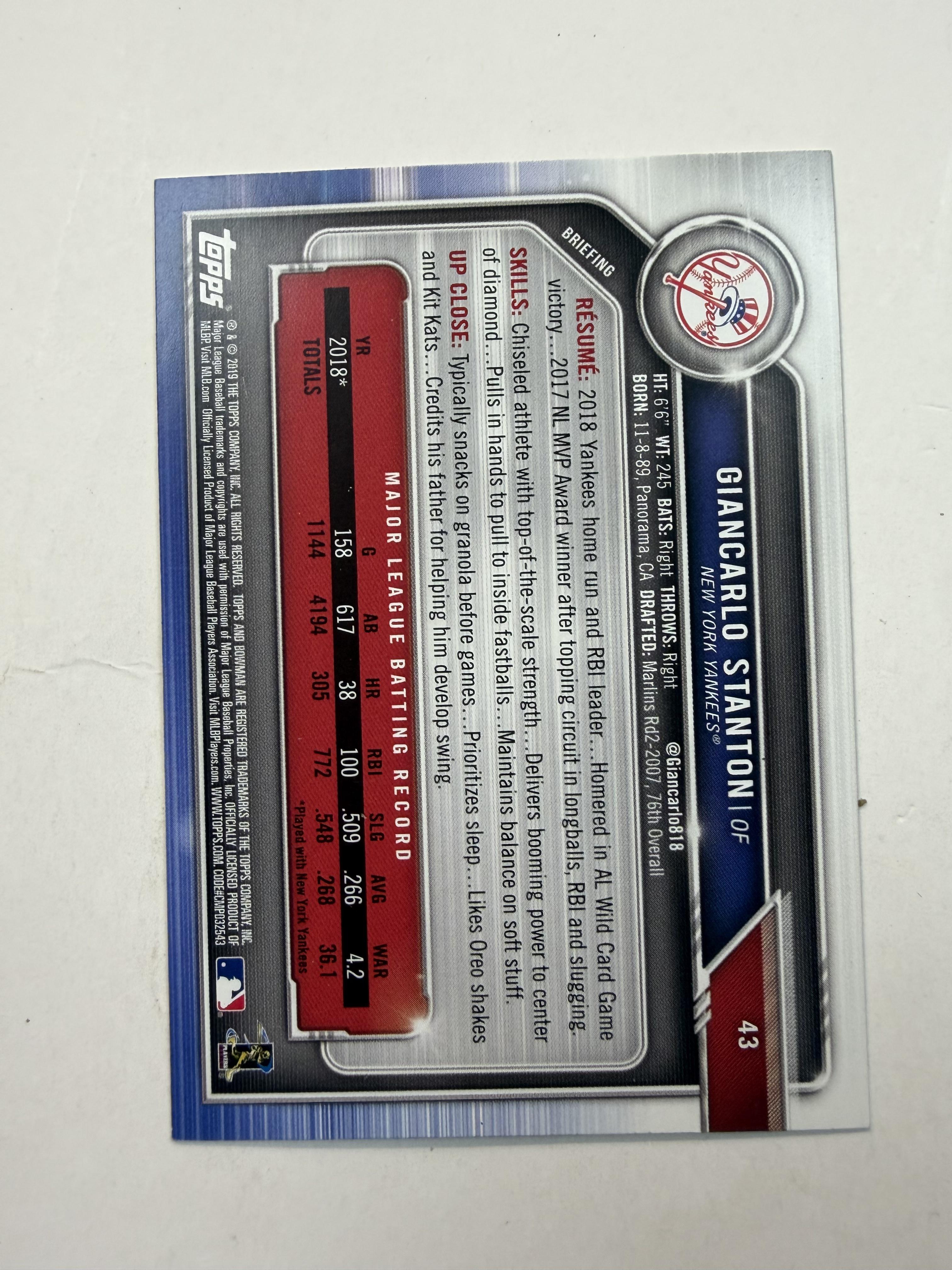 2019 Bowman #43 Giancarlo Stanton New York Yankees