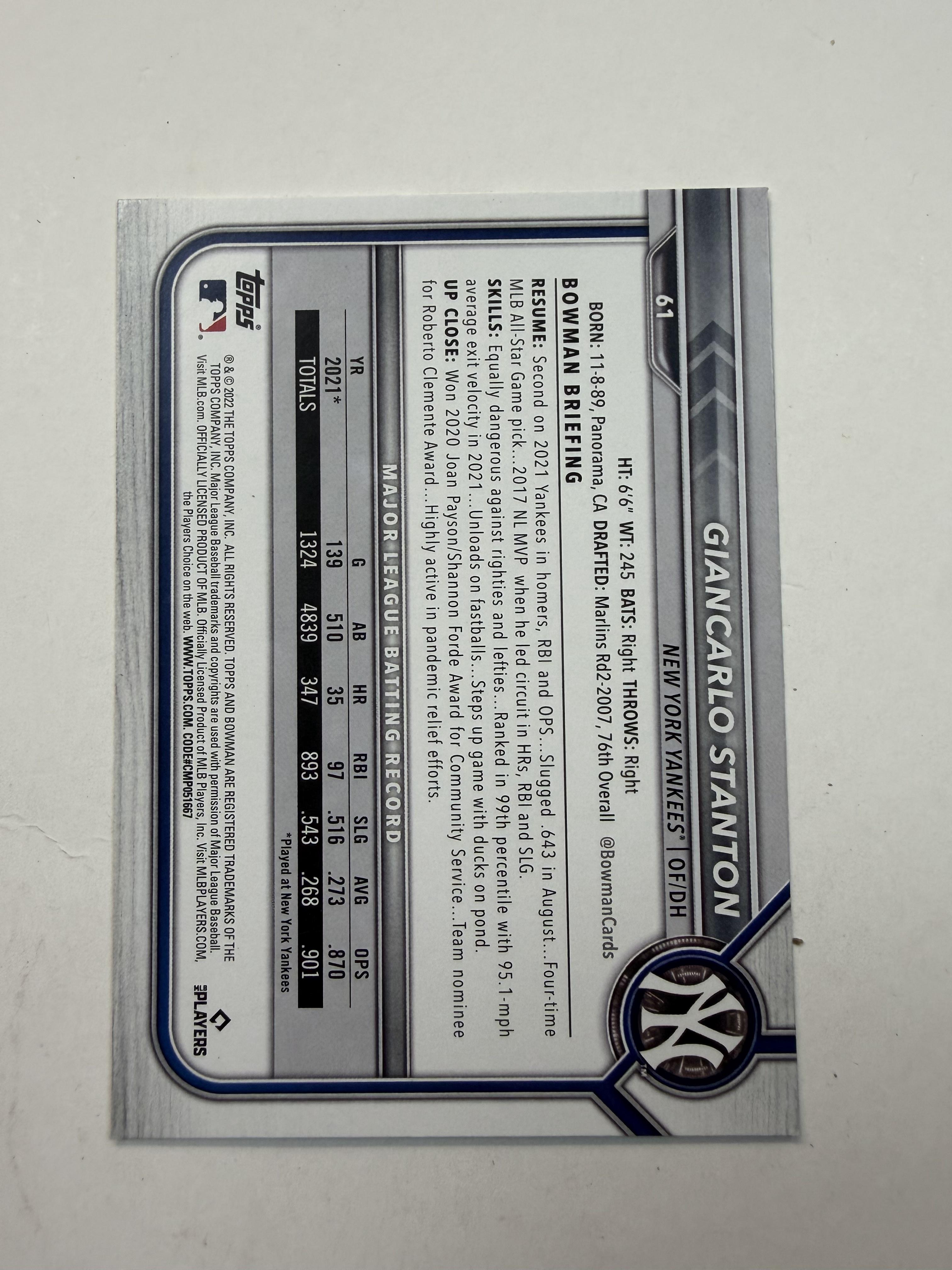 2022 Bowman #61 Giancarlo Stanton  New York Yankees