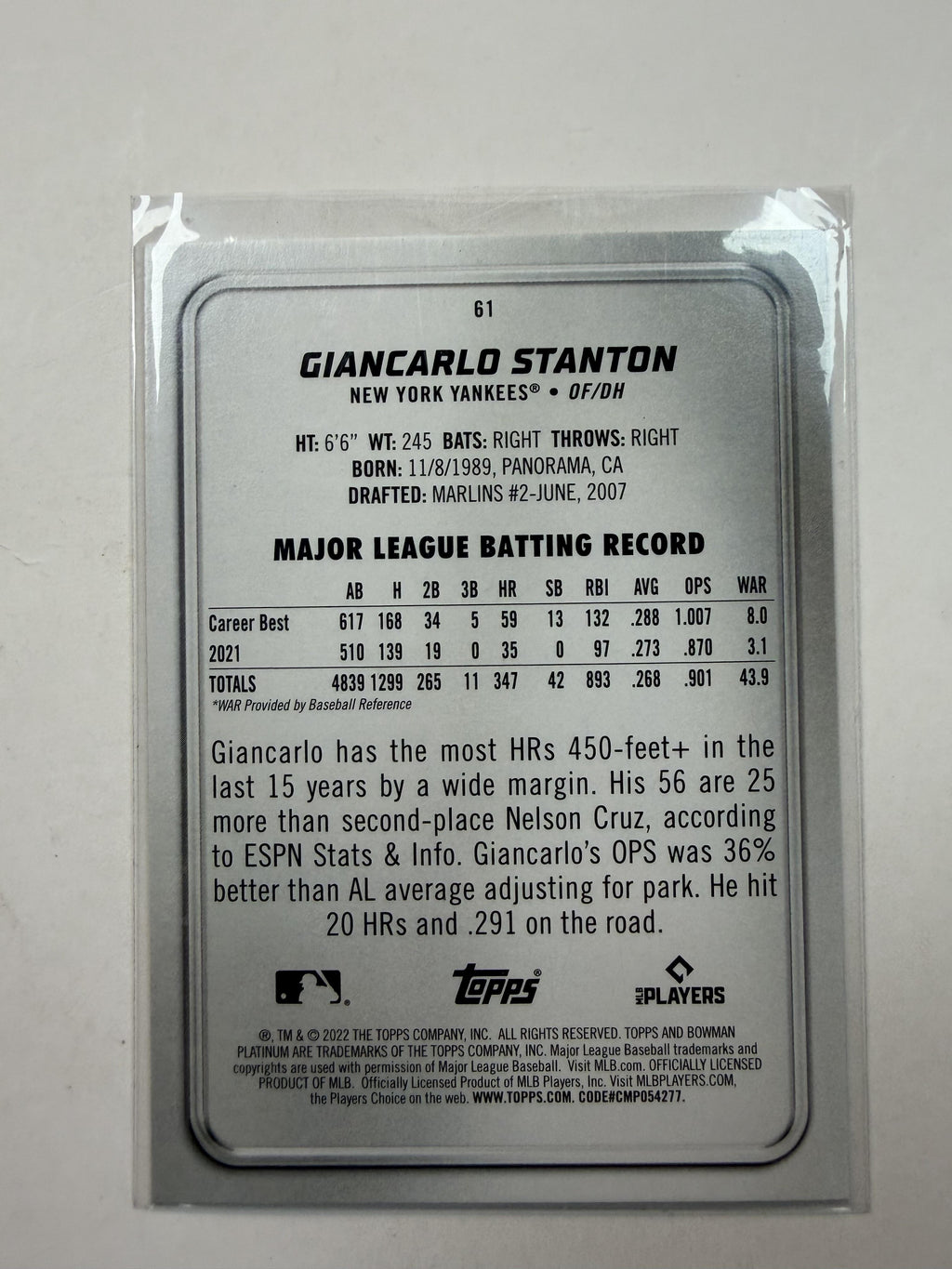 2022 Bowman Platinum #61 Giancarlo Stanton New York Yankees