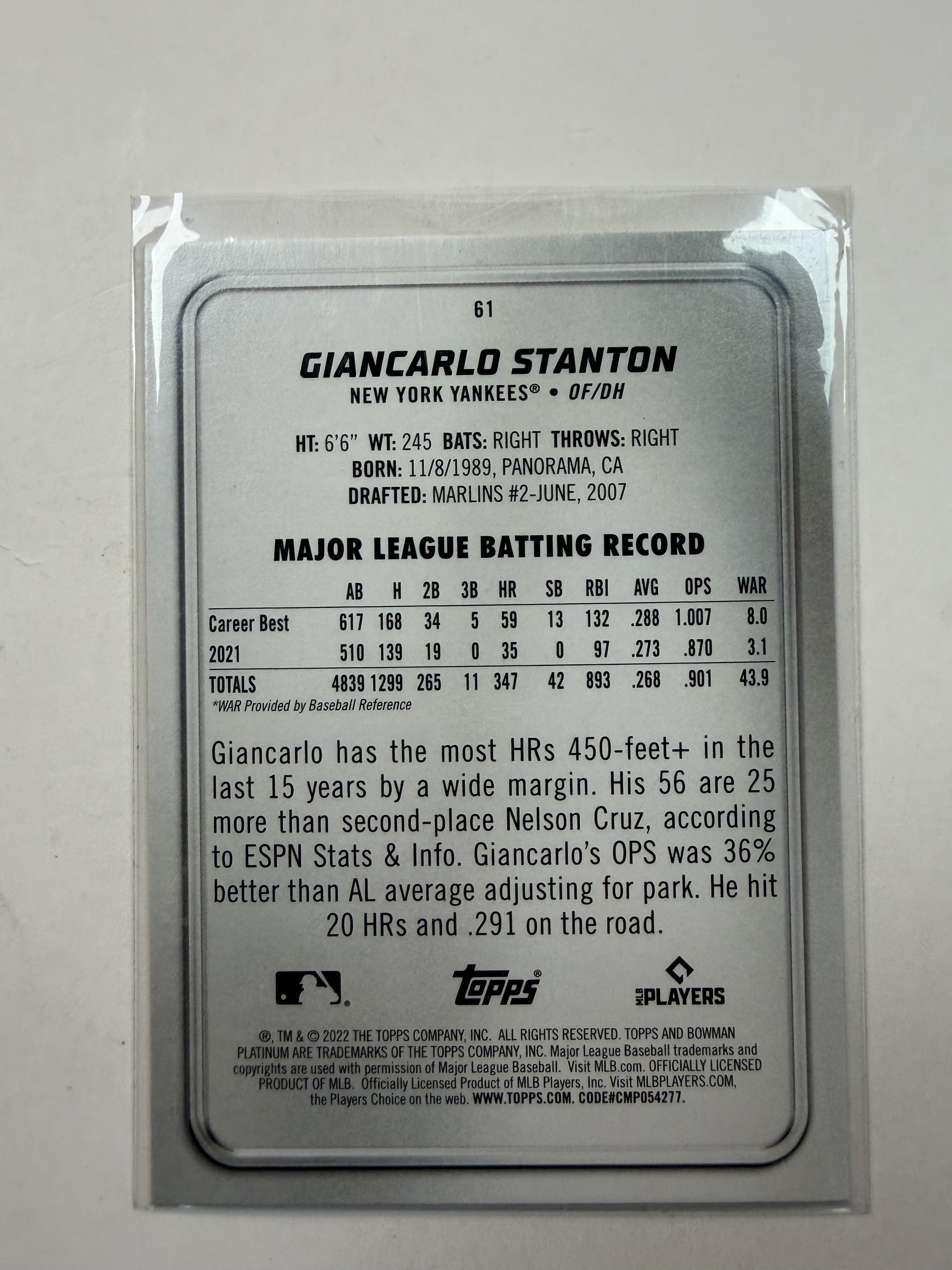 2022 Bowman Platinum #61 Giancarlo Stanton New York Yankees