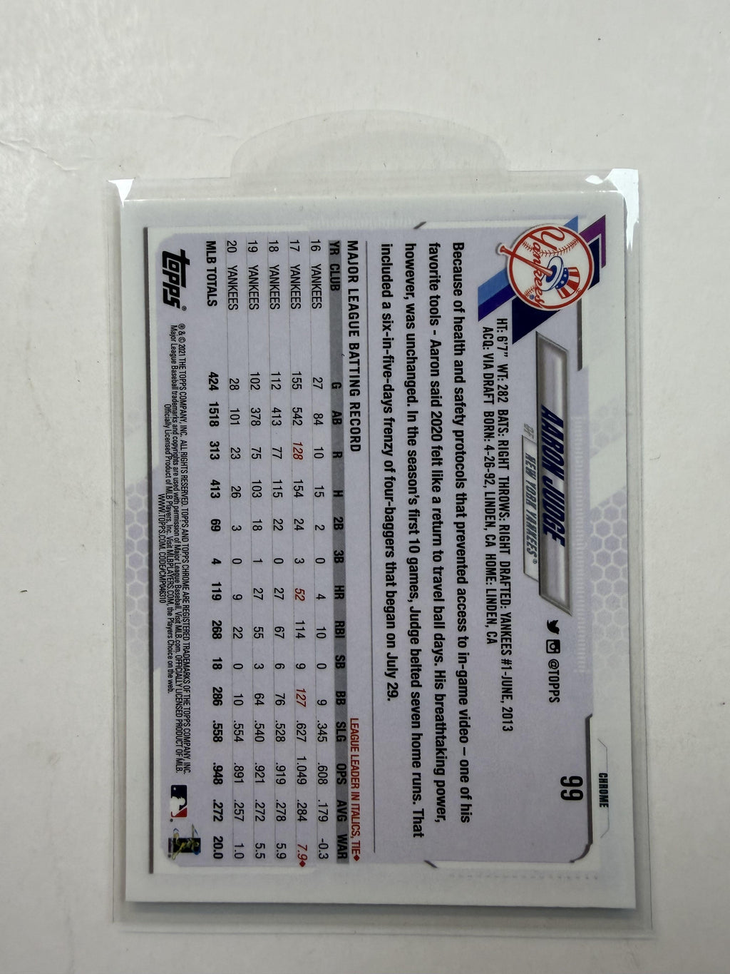 2021 Topps Chrome #99 Aaron Judge New York Yankees