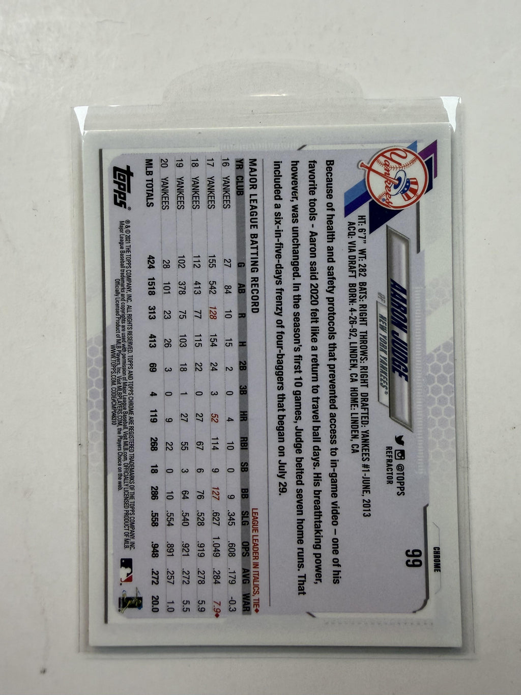 2021 Topps Chrome Silver Refractor #99 Aaron Judge