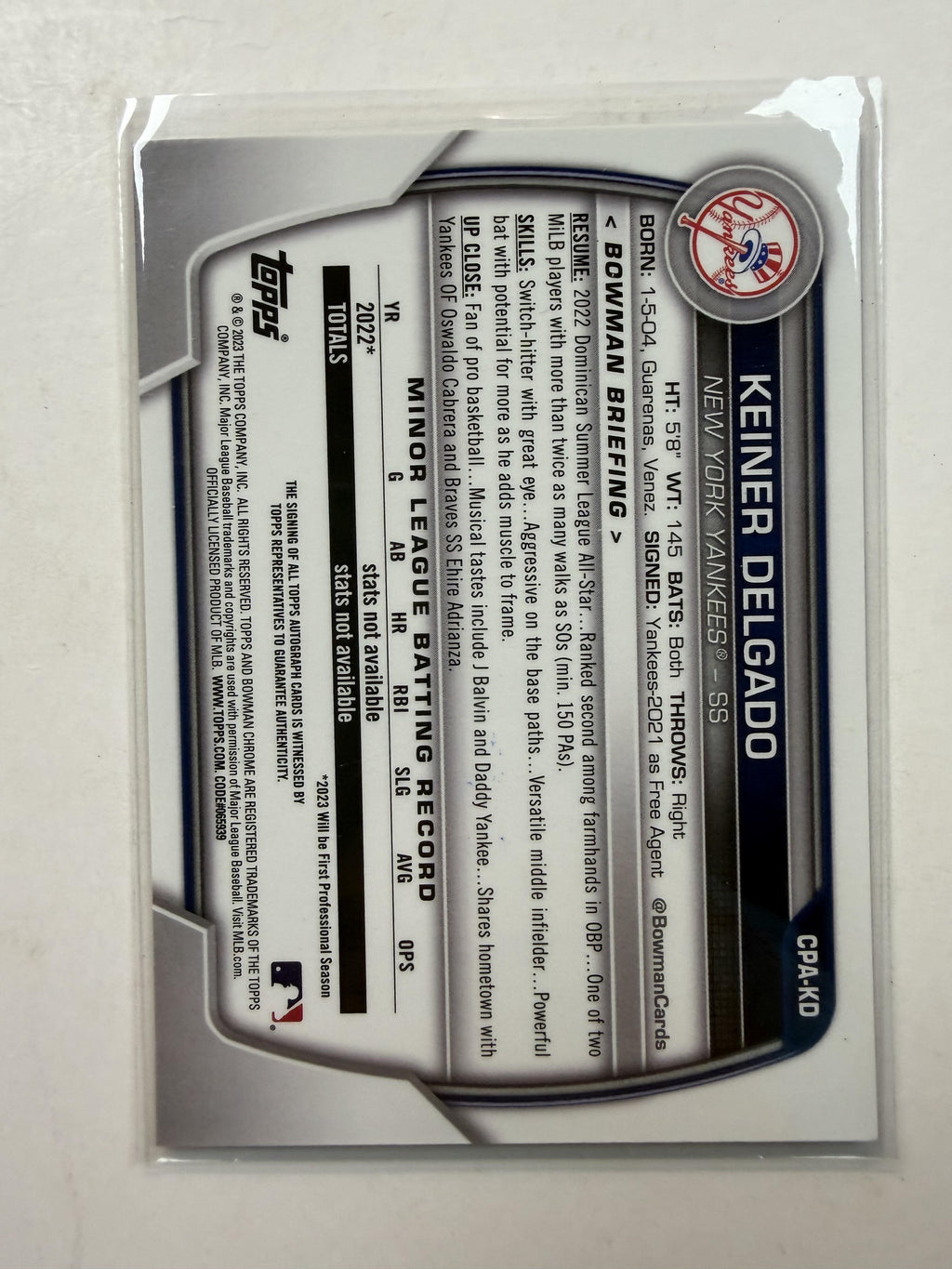 2023 Bowman Chrome #CPA-KD Keiner Delgado Prospect Auto Speckle Refractor #/299