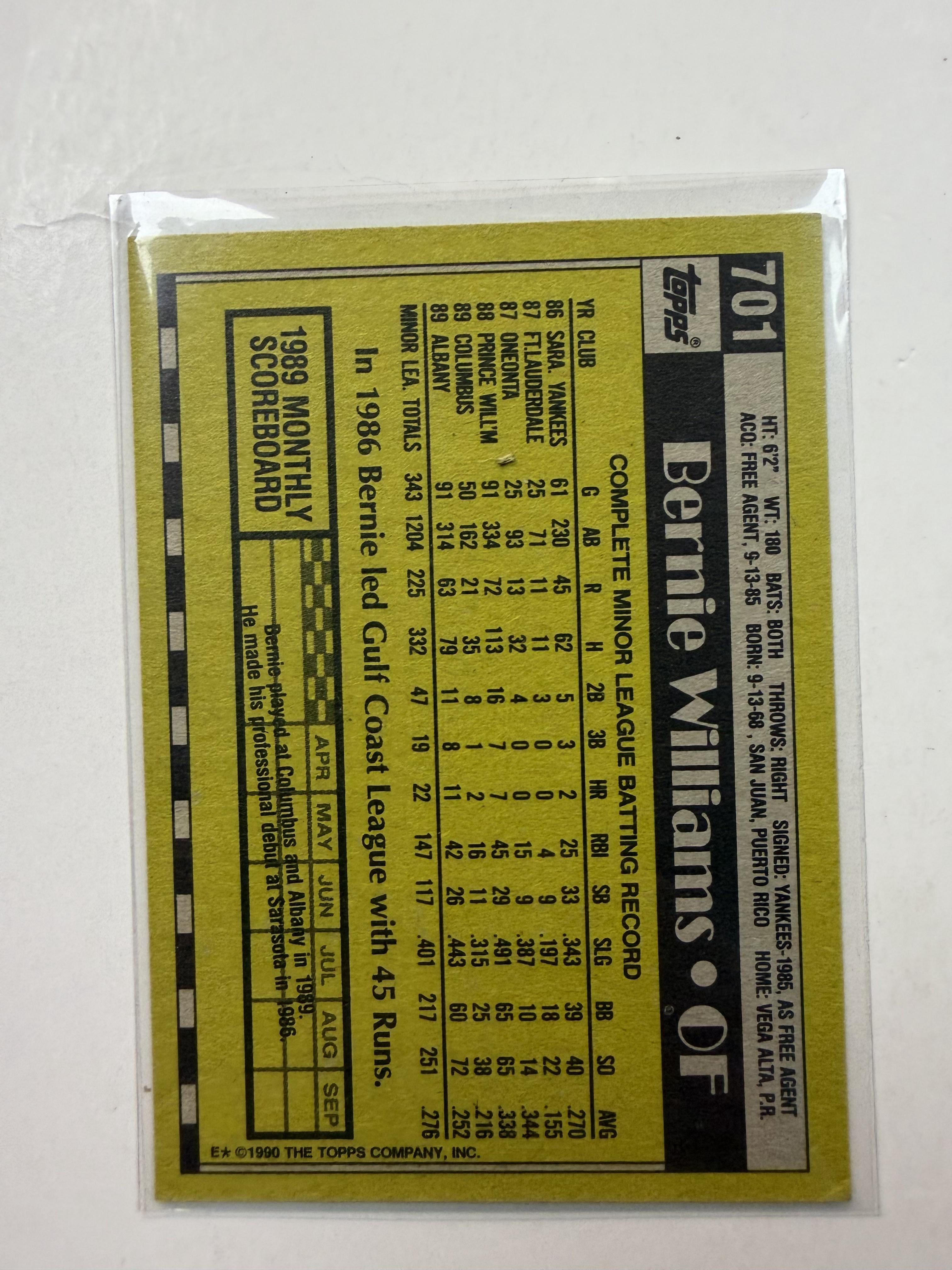1990 Topps #701 Bernie Williams Rookie Card  New York Yankees