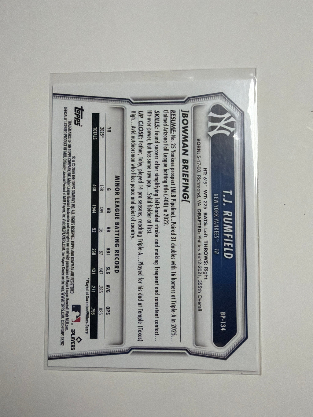 2026 Bowman #BP-134 T.J. Rumfield Bowman 1st  Prospects New York Yankees