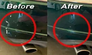 Back Bumper of a Green Car showing the car with scuffs on bumper in a before Picture. Then on the other half of photo showing the after it got touch up with paint. 