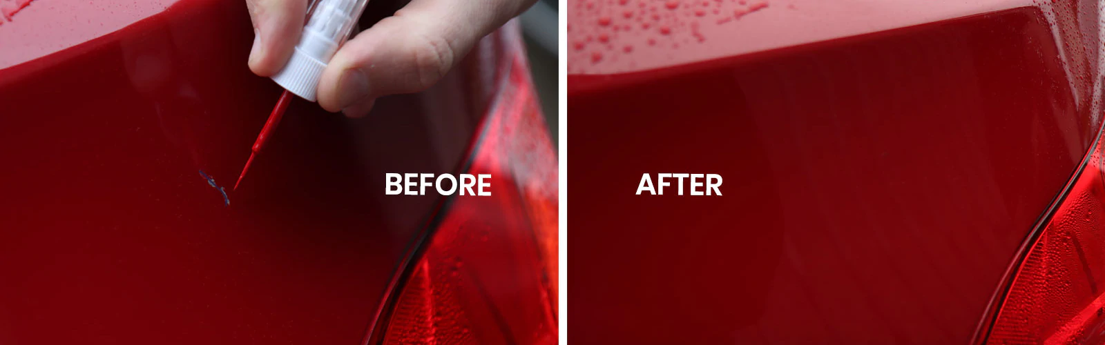 A Red Car close up of the car getting touched up in a before picture. The other side is a after picture after the car got touched up. 